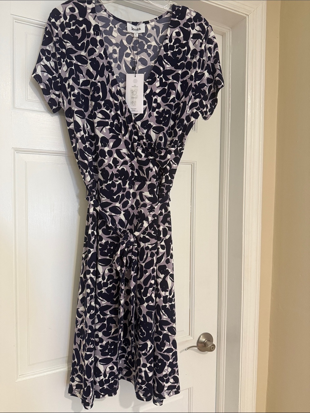 Leota Navy and White Floral Faux-Wrap Midi Dress with Tie Waist